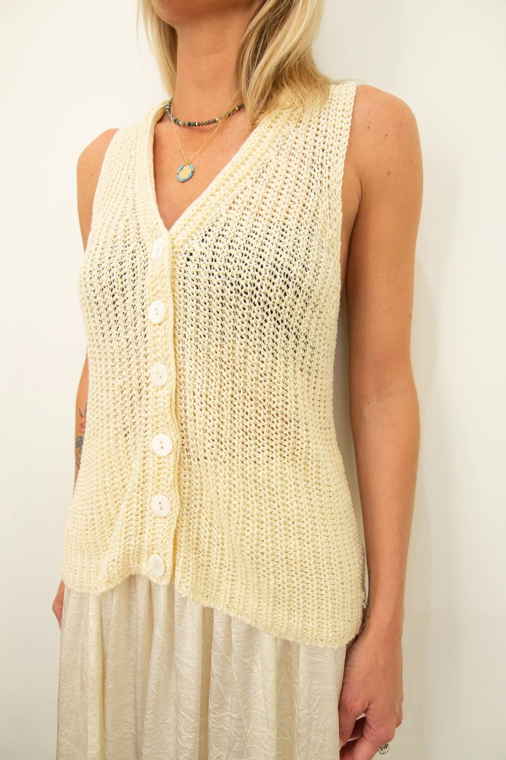 Linen Open Knit Vest in Antique Cream