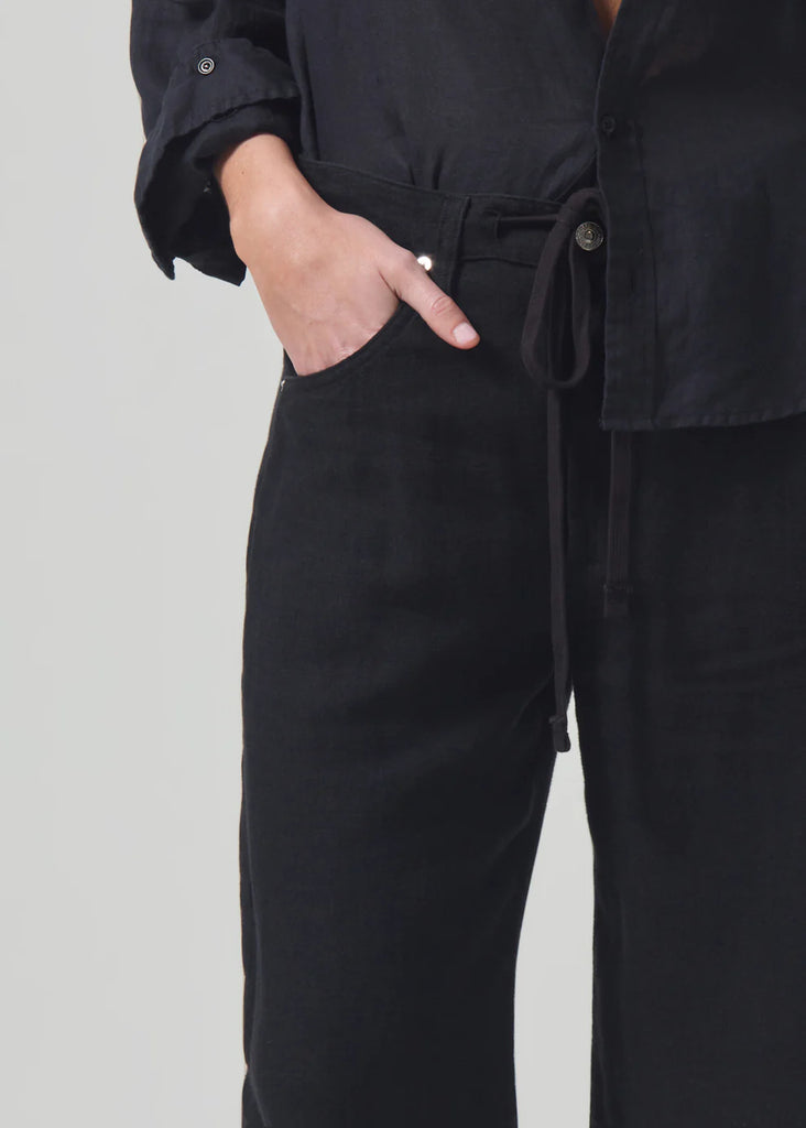 Brynn Drawstring Trouser in Black Linen