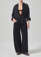 Brynn Drawstring Trouser in Black Linen