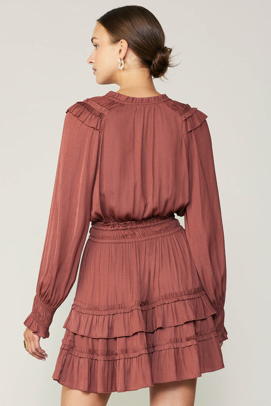 Ruffled V-Neck Mini Dress in Rust