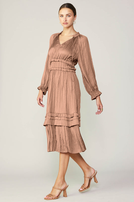 Long Sleeve Split Neck Long Dress in Dusty Clay