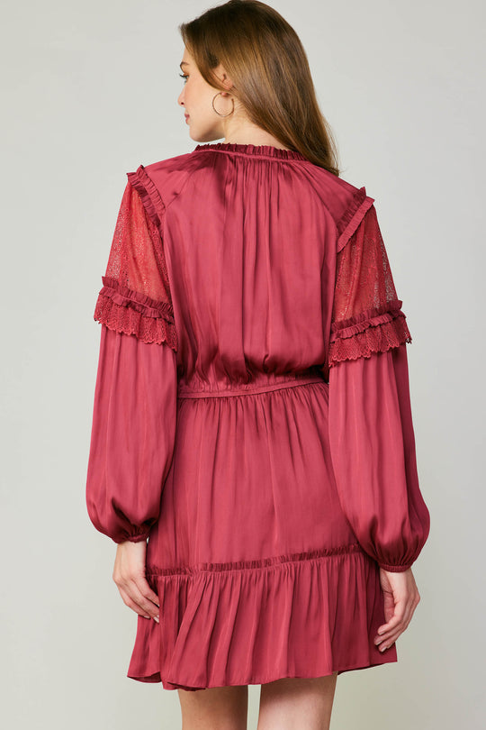 Long Sleeve Split Neck Midi Dress in Raspberry