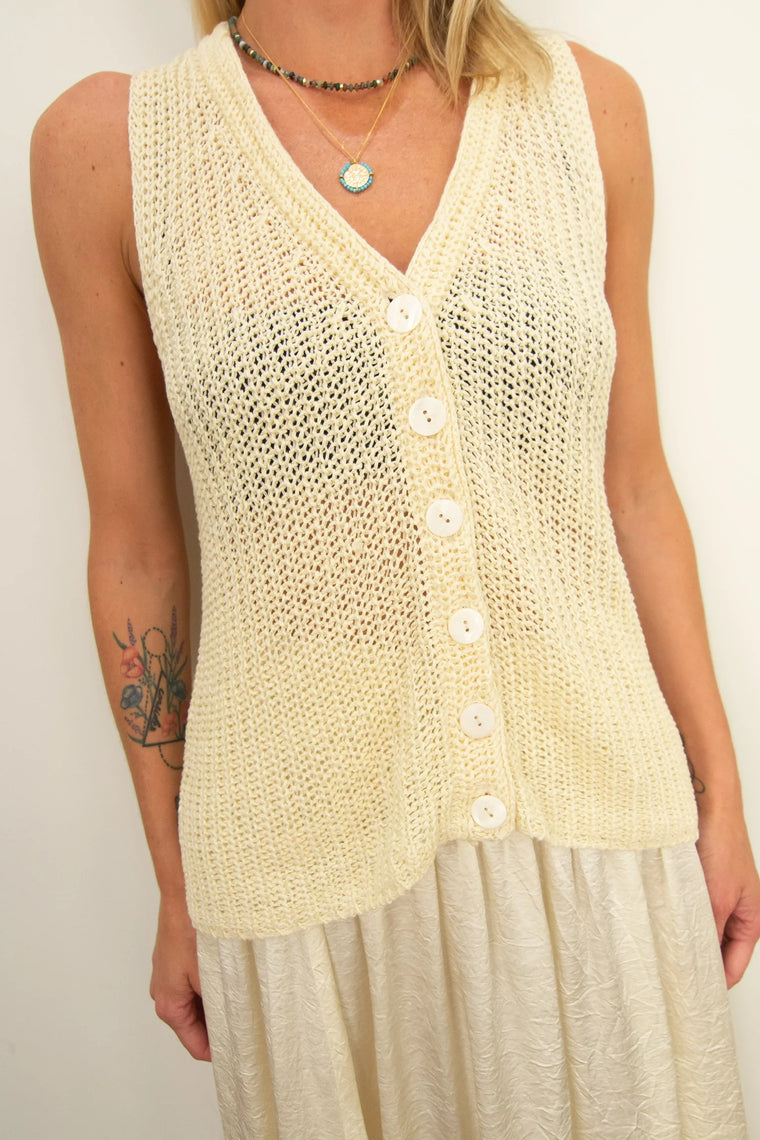 Linen Open Knit Vest in Antique Cream