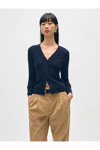 Linen Gauze Variegated Ribbed Cardi Top in Navy