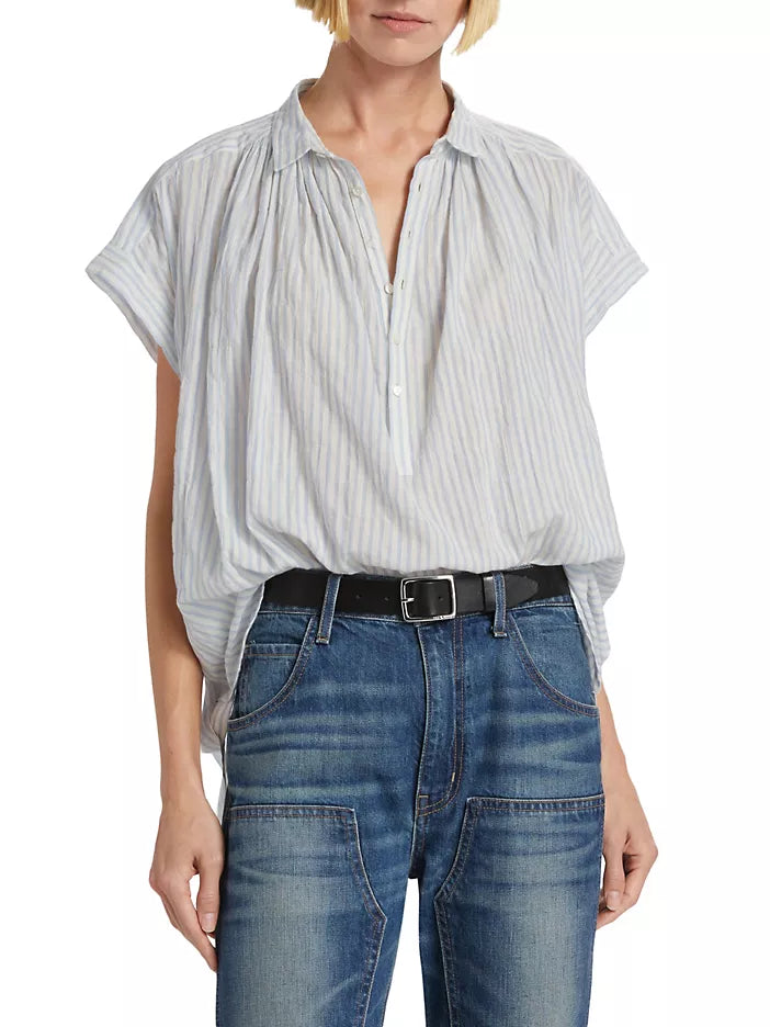 Normandy Blouse in Ivory/Blue Stripes