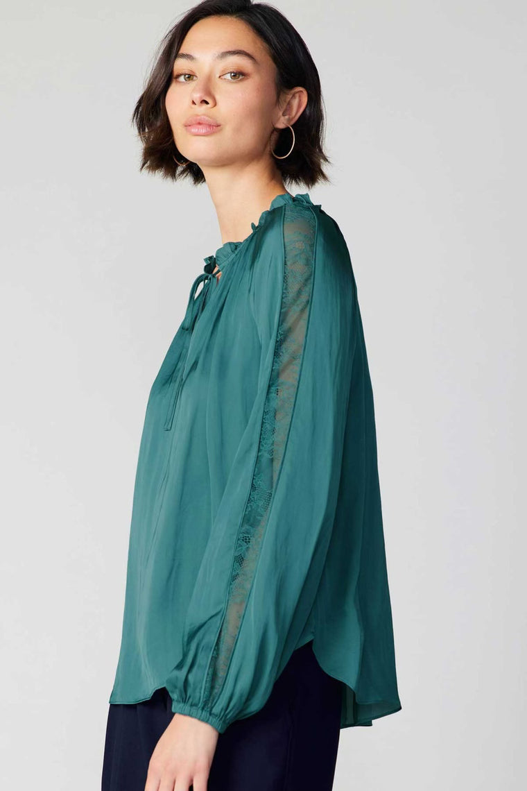 Long Sleeve Split Neck Ruffle Blouse in Deep Cyan