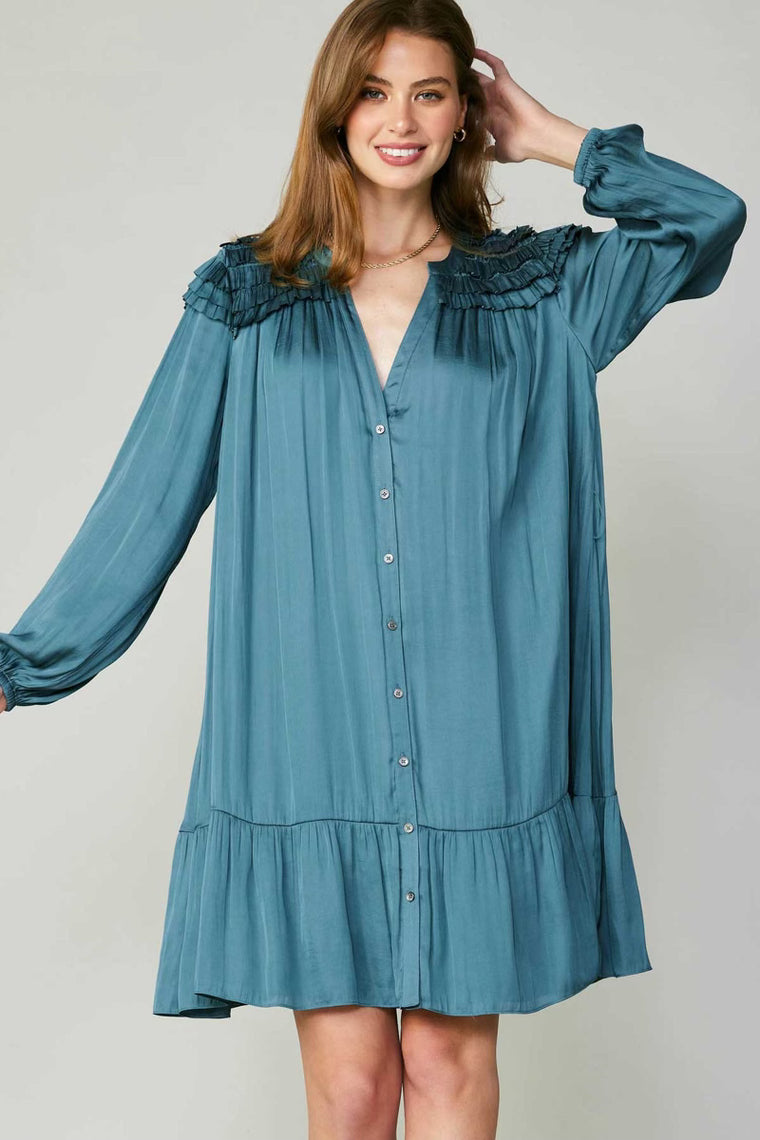 Long Sleeve Split Neck Button Down Dress in Deep Cyan