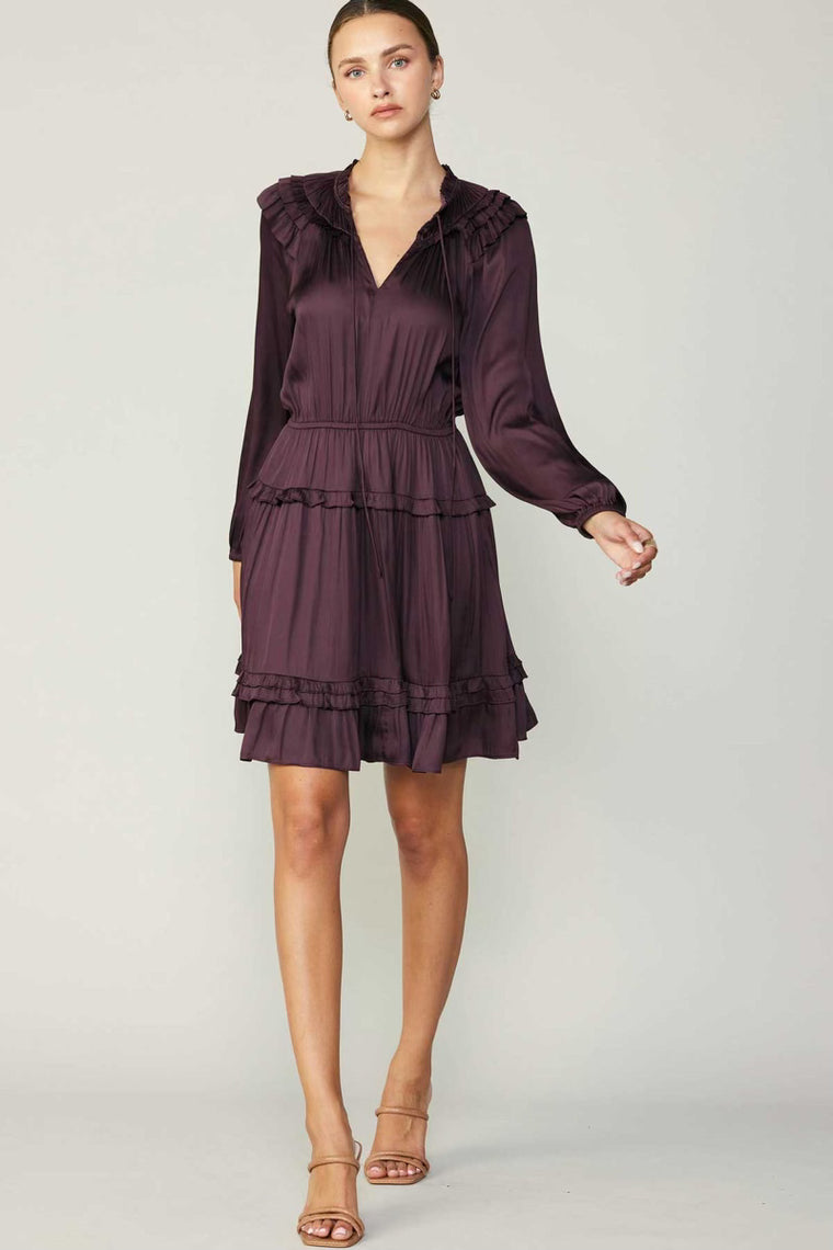 Long Sleeve Split Neck Tiered Mini Dress in Midnight Plum