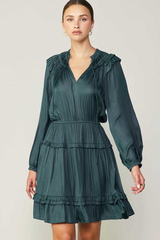 Long Sleeve Split Neck Tiered Mini Dress in Forest Green