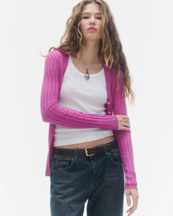 Rib Button Cardigan in Fuchsia